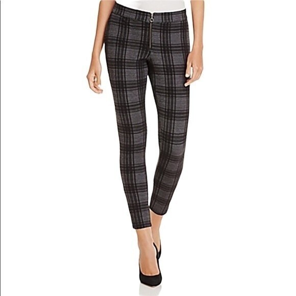 Hue Plaid Loafer Skimmer Skinny Leggings Pants Exposed Front Zipper Textured - Picture 1 of 15
